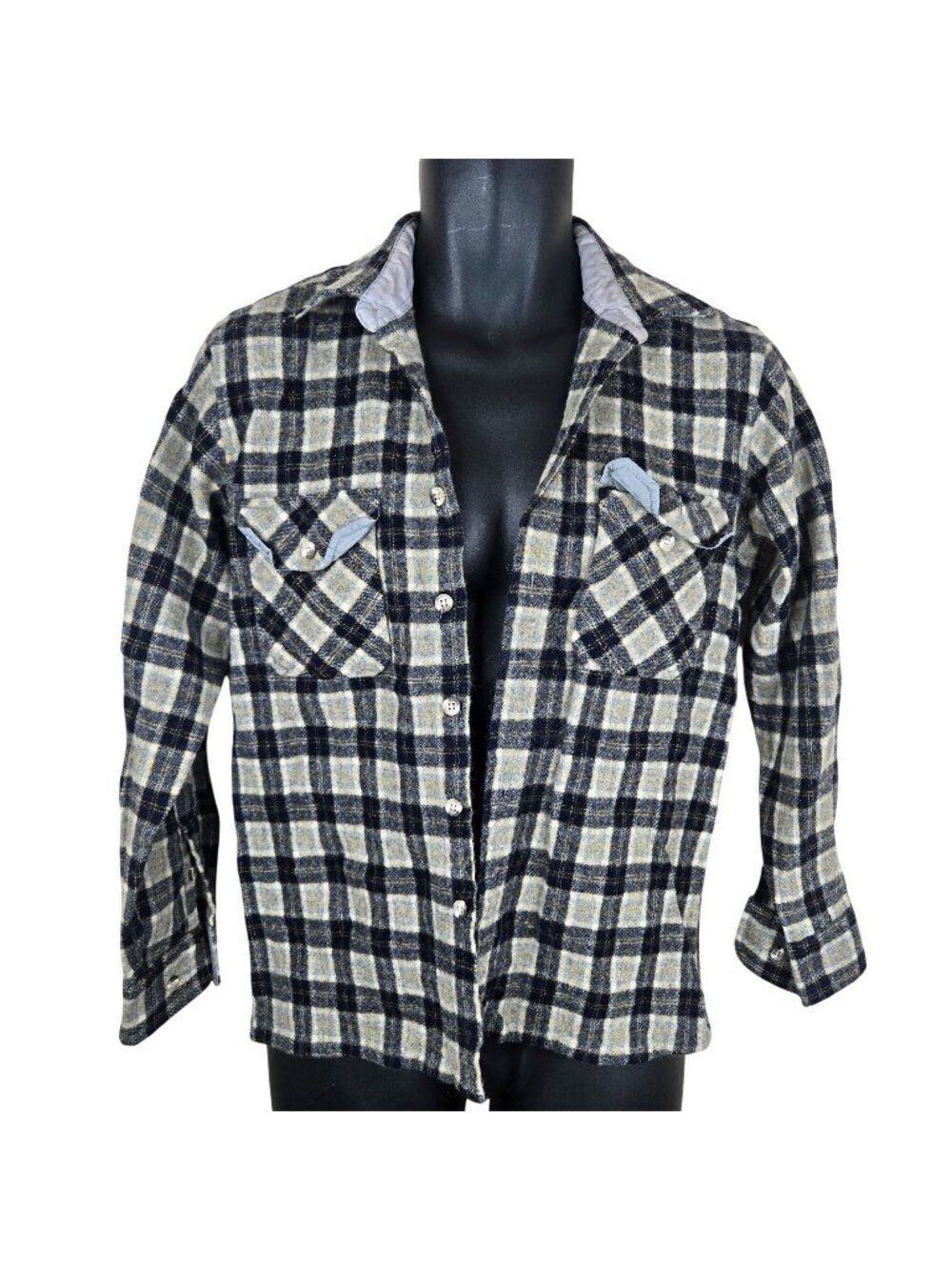 Vintage 80s Mens S Plaid Shirt Wool Shacket Shirt Navy Blue Gray